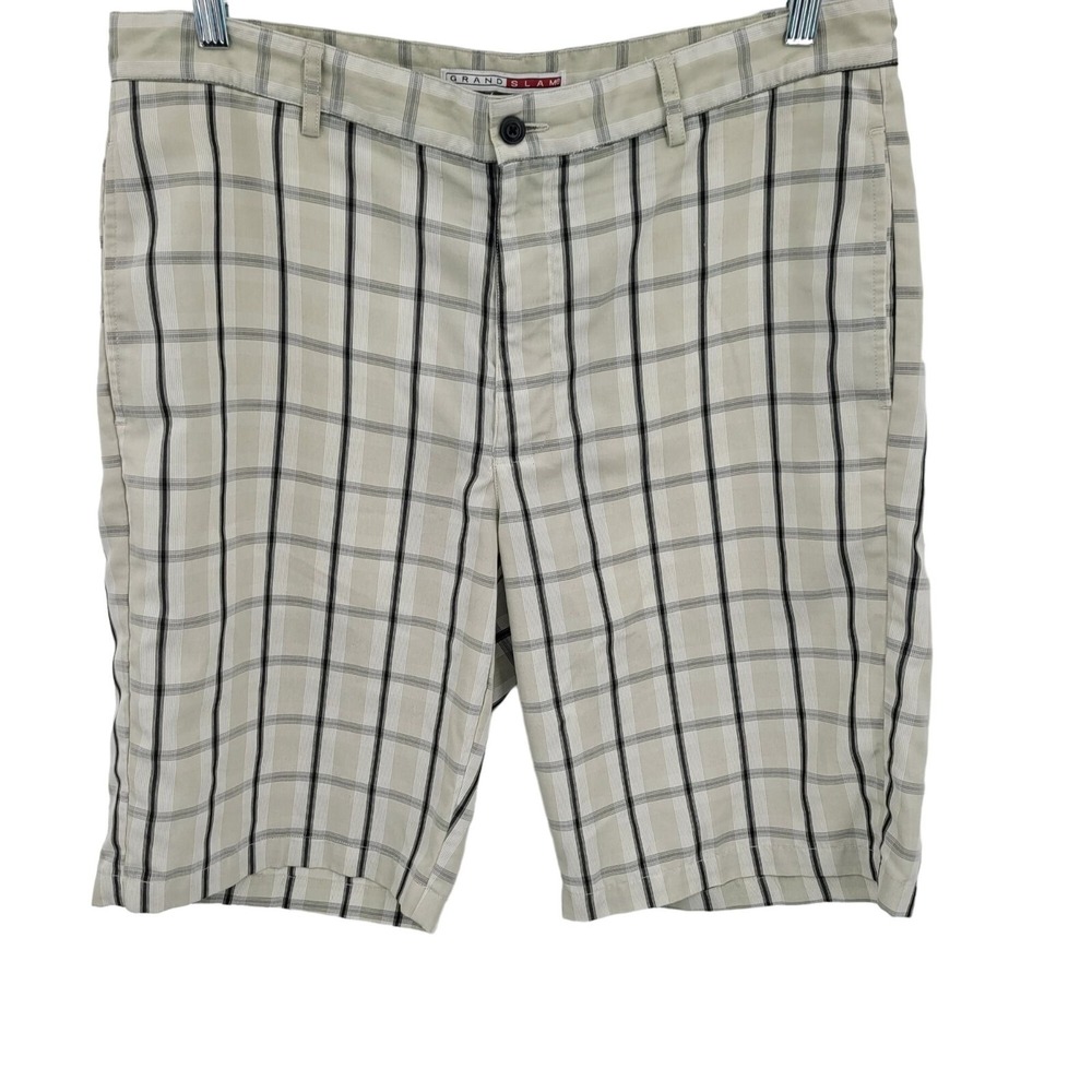 Vtg 90s Mens Grand Slam Plaid Golf‎ Shorts Sz 36 Beige Academia Grunge Indie